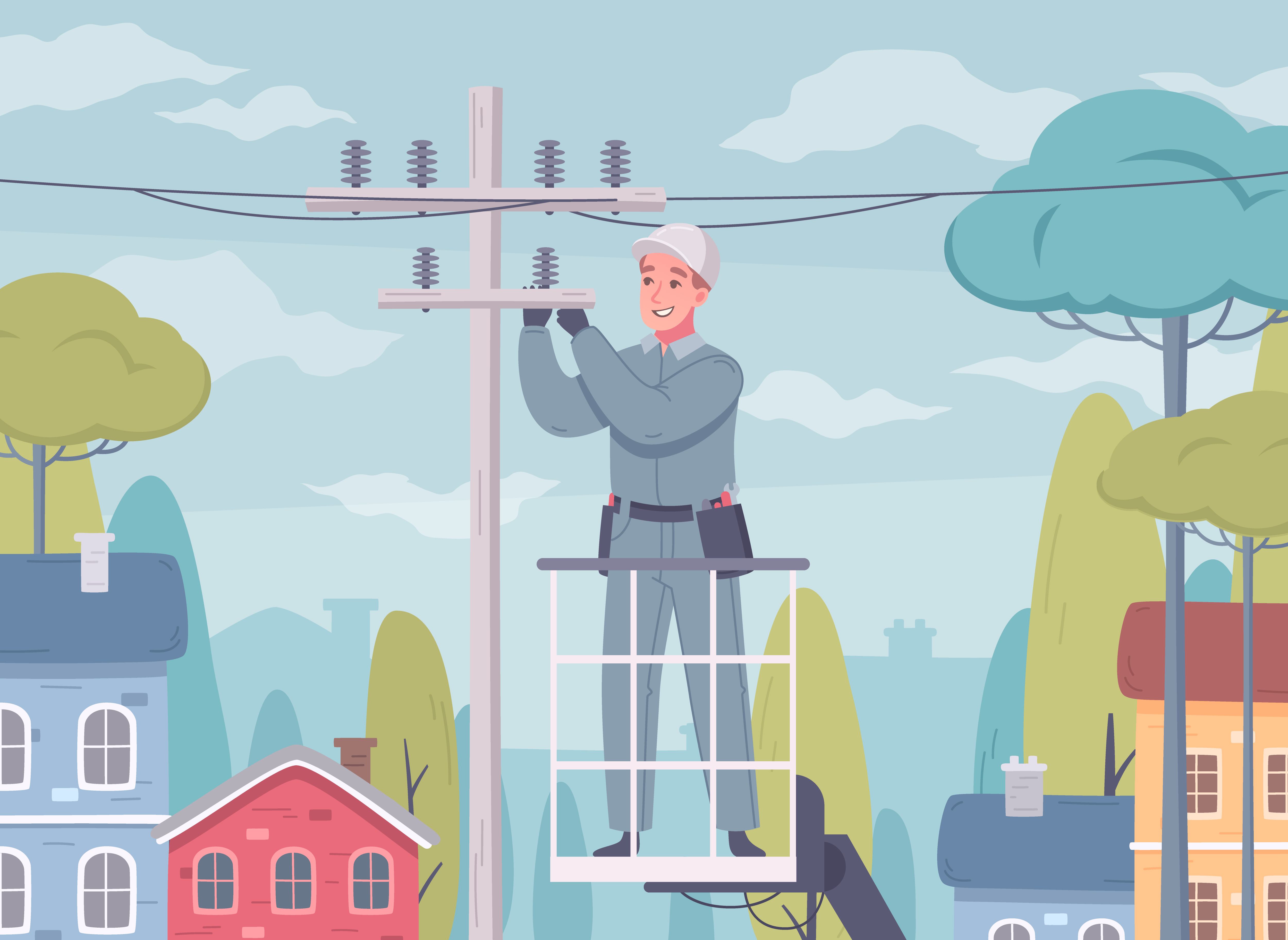 Electrician cartoon composition with outdoor scenery and man in uniform working with power lines on post vector illustration
